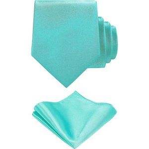 TIE Solid Satin Color Formal Necktie and Pocket Square Sets in Gift Box Teal